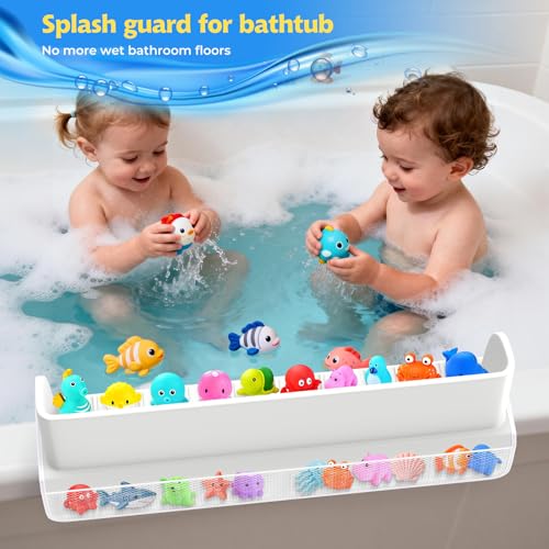 DLUCKY Splash Guard for Bathtub Kids,Toy Tray Caddy Holder Storage,Bath Toy Storage Bag,Guard for Bathtub with Mesh Bathtub Toys Storage,Super Adsorption - Extended Design for Splash Protection,Silicone,Gray - Image 4