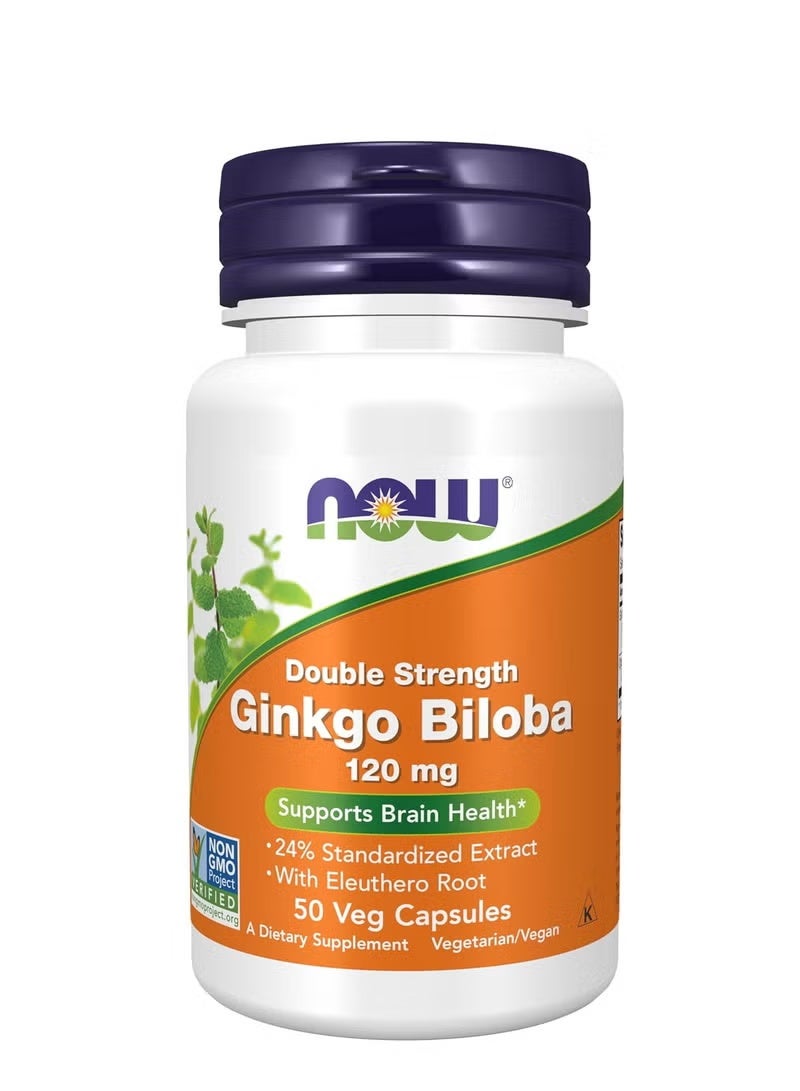 NOW Double Strength Ginkgo Biloba 120mg with Eleuthero Root Extract - Supports Brain Health & Memory - 50 Vegetarian Capsules - Image 1