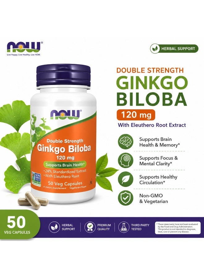NOW Double Strength Ginkgo Biloba 120mg with Eleuthero Root Extract - Supports Brain Health & Memory - 50 Vegetarian Capsules - Image 2