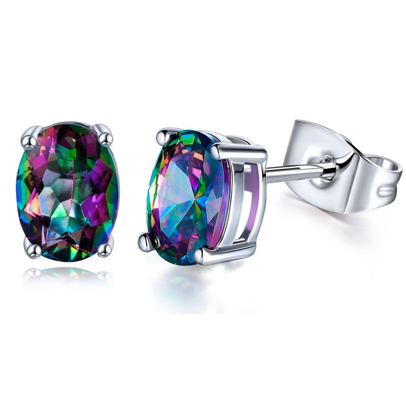 VOLUKA Oval Rainbow CZ Stud Earrings for Women 18K White Gold Plated 6 * 8mm Created Mystic Topaz Hypoallergenic Jewelry - Image 1