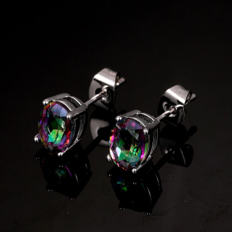 VOLUKA Oval Rainbow CZ Stud Earrings for Women 18K White Gold Plated 6 * 8mm Created Mystic Topaz Hypoallergenic Jewelry - Image 5