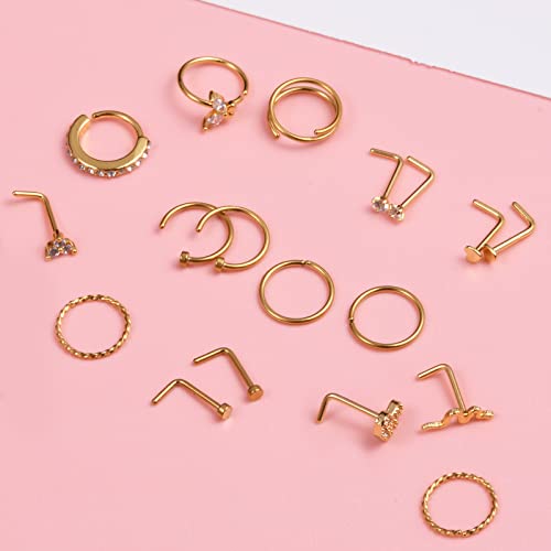 JFORYOU Nose Rings Hoop 20G Nose Rings Studs Surgical Steel L Shape Nose Studs for Women CZ Heart Moon Butterfly Snake Gold Tone Nose Piercings Jewelry - Image 5