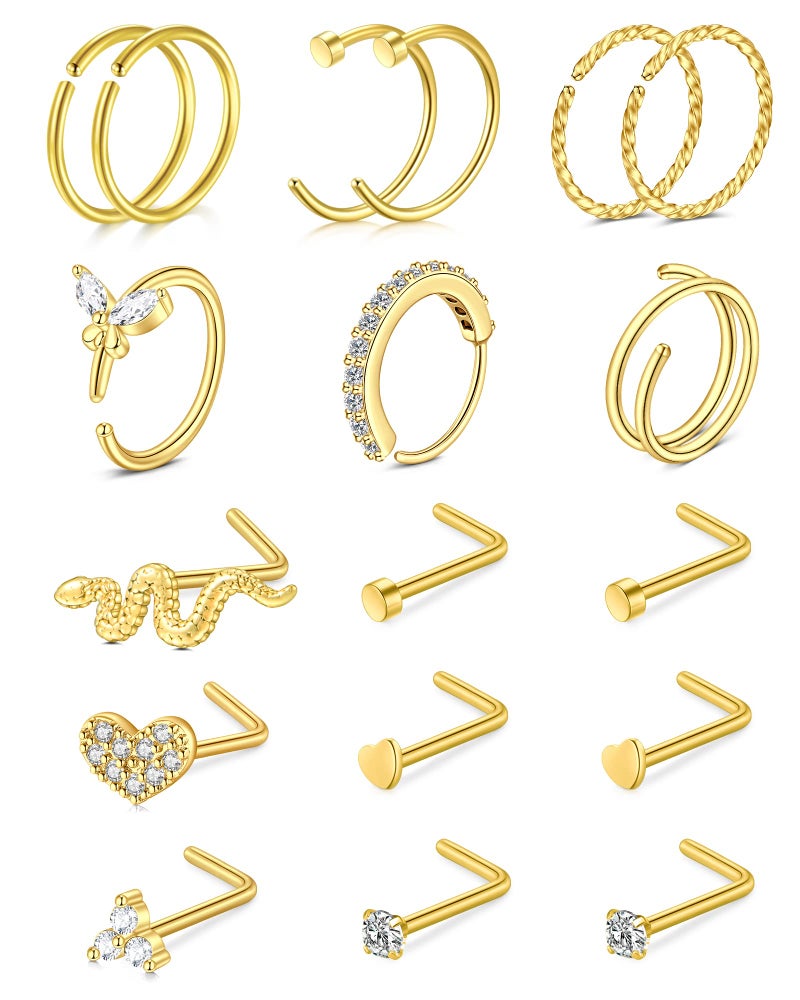 JFORYOU Nose Rings Hoop 20G Nose Rings Studs Surgical Steel L Shape Nose Studs for Women CZ Heart Moon Butterfly Snake Gold Tone Nose Piercings Jewelry - Image 1