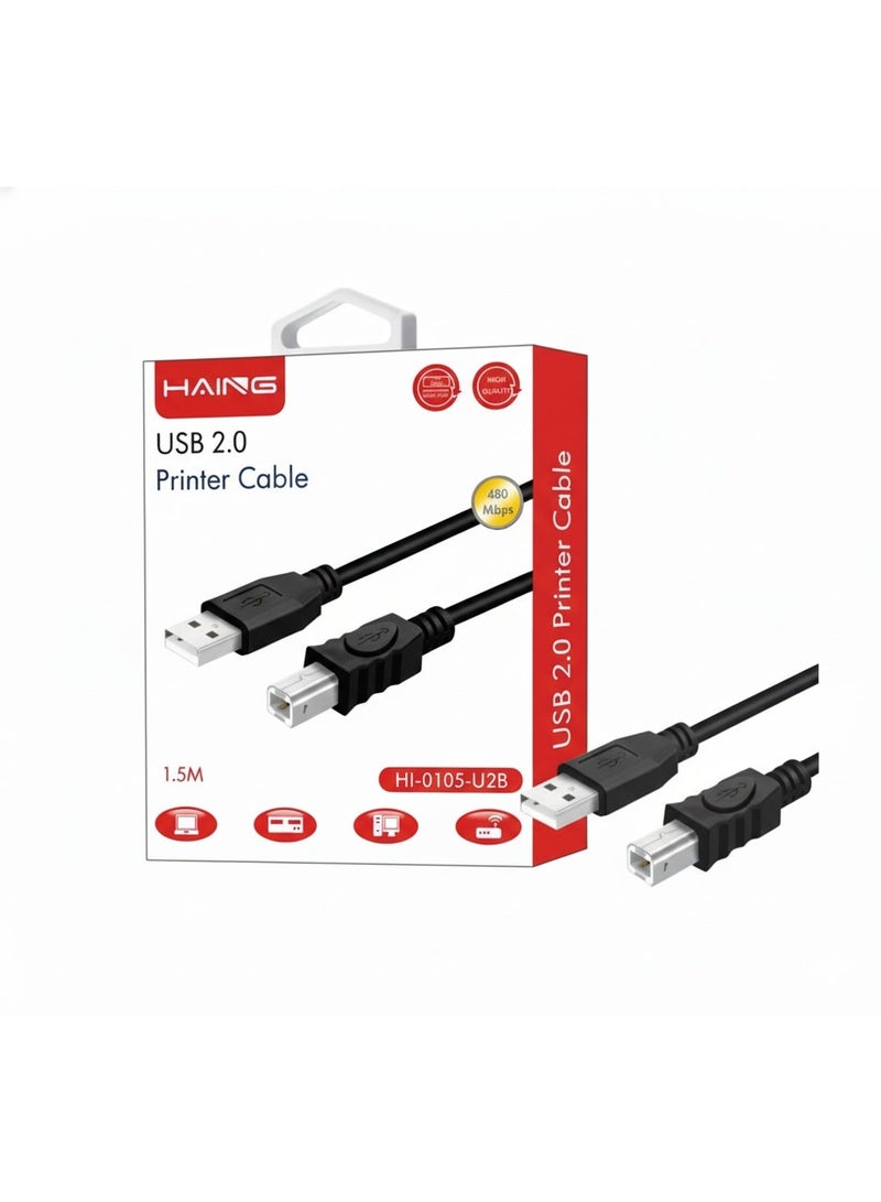 هينغ كابل طابعة USB 2.0 بطول 1.5 متر - موصل عالي السرعة من النوع A إلى B لطابعات HP وCanon وEpson وBrother وSamsung والماسحات الضوئية ولوحات مفاتيح MIDI - نقل بيانات سريع 480 ميجابت في الثانية، مصنوع من مادة PVC باللون الأسود - Image 1