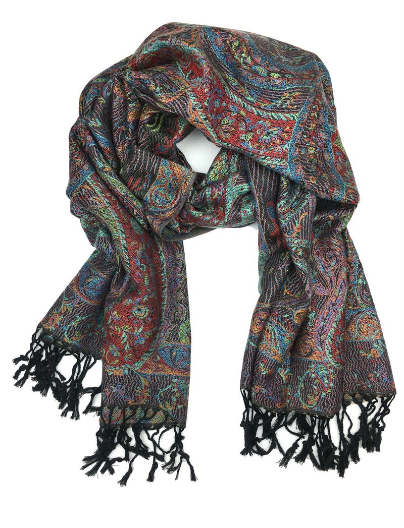 Plum Feathers Pashmina Scarf with Ethnic Tapestry Style Paisley Pattern - 67" x 28" Everyday Pashmina Travel Wrap and Shawl (Black Multi Tapestry) - Image 2