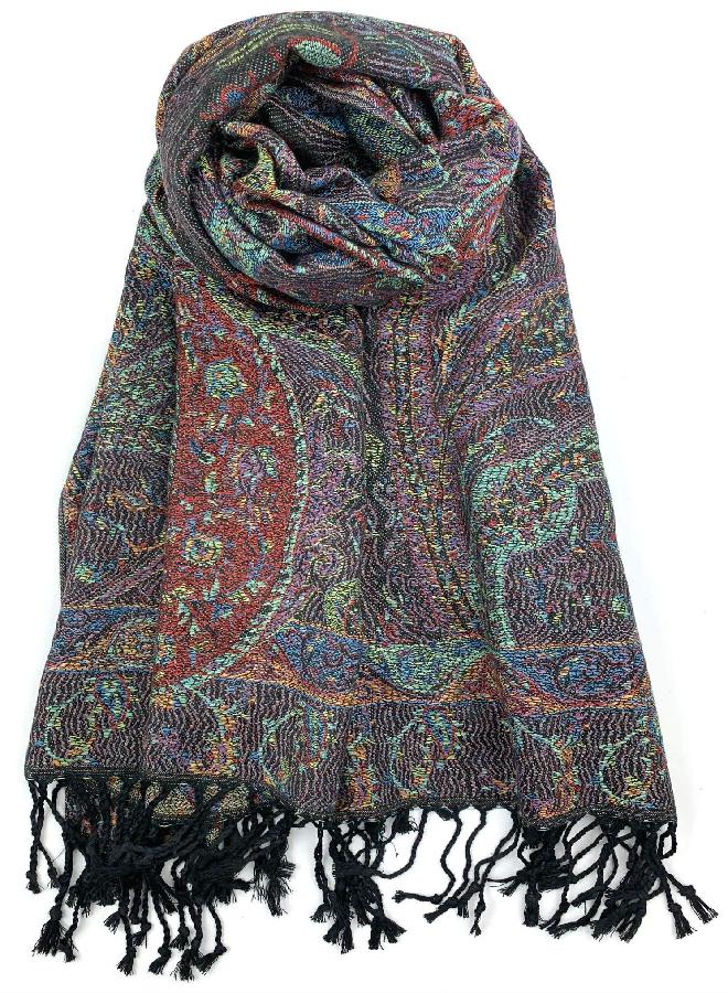 Plum Feathers Pashmina Scarf with Ethnic Tapestry Style Paisley Pattern - 67" x 28" Everyday Pashmina Travel Wrap and Shawl (Black Multi Tapestry) - Image 4