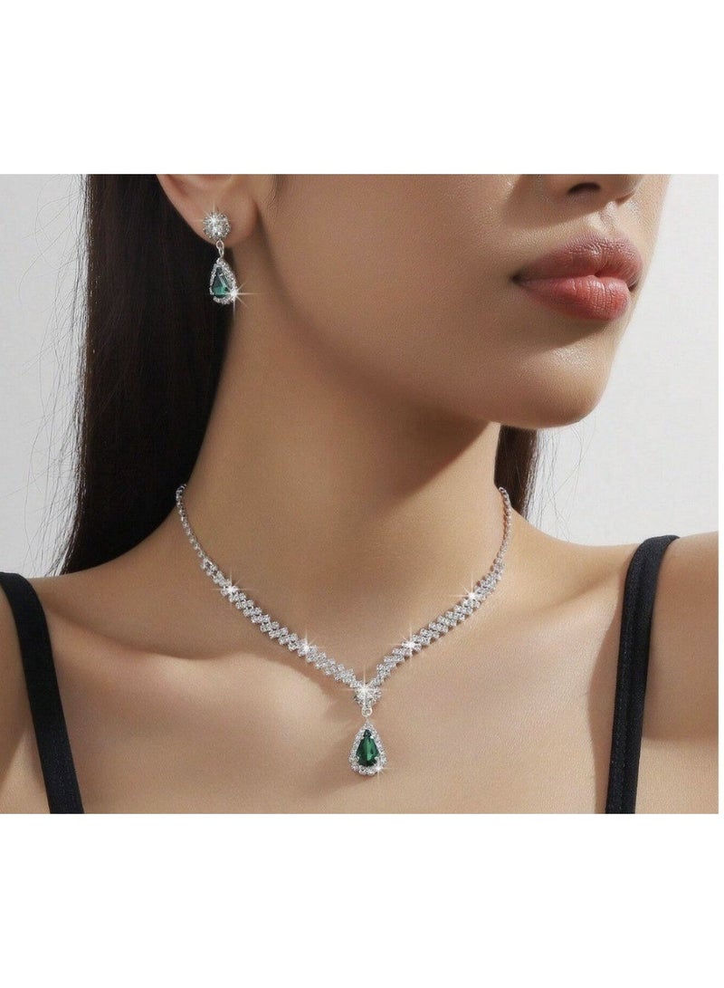 Emerald Green Water Drop Necklace And Earring Set – 3 Elegant Pieces For Special Occasions - Image 1