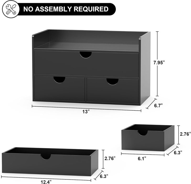 Wisuce Bamboo Desk Organizer - Mini Bamboo Desk Drawer Tabletop Cosmetic Storage Organization for Office or Home Black with Shelf - Image 3