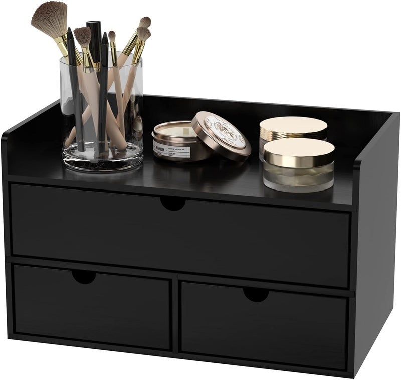 Wisuce Bamboo Desk Organizer - Mini Bamboo Desk Drawer Tabletop Cosmetic Storage Organization for Office or Home Black with Shelf - Image 1