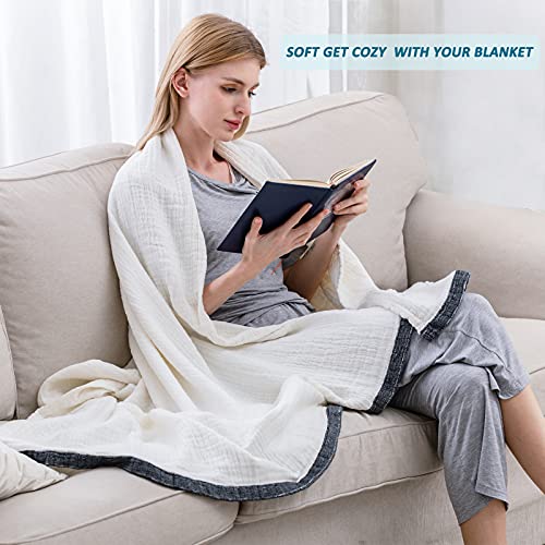 SE SOFTEXLY Cotton Muslin Throw Blanket for Adults,Breathable 4-Layer Yarn Dyed Linen Texture Gauze Blanket for Bed Sofa Couch Twin,Soft Cotton Blanket for All Season (60"x80",Cream White) - Image 2