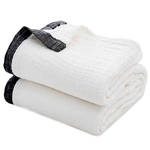 SE SOFTEXLY Cotton Muslin Throw Blanket for Adults,Breathable 4-Layer Yarn Dyed Linen Texture Gauze Blanket for Bed Sofa Couch Twin,Soft Cotton Blanket for All Season (60"x80",Cream White) - Image 1