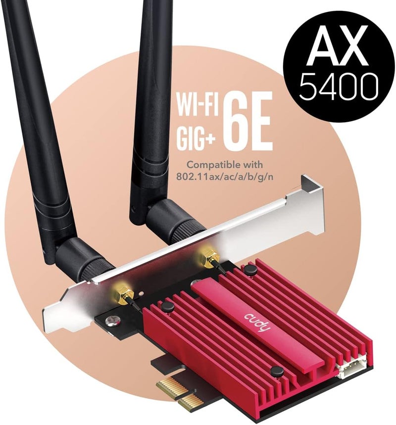 cudy بطاقة AX5400 اللاسلكية WiFi 6E PCIe لجهاز الكمبيوتر، بلوتوث 5.3، وحدة AX210 داخلها، بلوتوث 5.2/5/4.0، 802.11ax/ac/a/b/g/n، ويندوز 11،10، WE3000S - Image 3