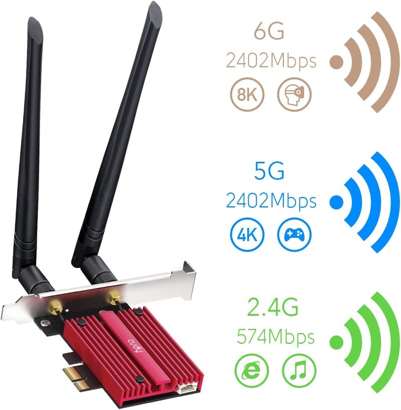 cudy بطاقة AX5400 اللاسلكية WiFi 6E PCIe لجهاز الكمبيوتر، بلوتوث 5.3، وحدة AX210 داخلها، بلوتوث 5.2/5/4.0، 802.11ax/ac/a/b/g/n، ويندوز 11،10، WE3000S - Image 1