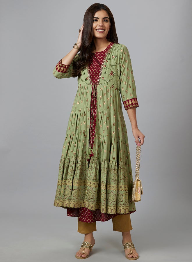 جلو باص بنطلون جلوبس بخصر مطاطي مطوي بخصر متوسط بتصميم عرقي مستقيم - Image 1