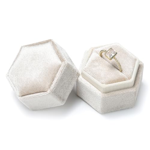 Etercycle Velvet Ring Box Vintage Hexagon Premium Jewelry Display Holder Gift Box with Detachable Lid for Wedding Ceremony Proposal Engagement Beige 1 Slot - Image 1