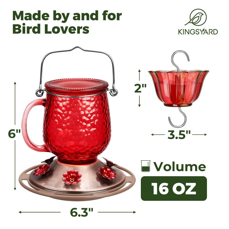 Kingsyard Glass Hummingbird Feeders for Outdoors, 16 Oz Wild Bird Feeder 6 Feeding Ports & Ant Moat Included, Hanging Bird Nectar Feeder Garden Red DÃ©cor Gifts for Mom, Red - Image 2