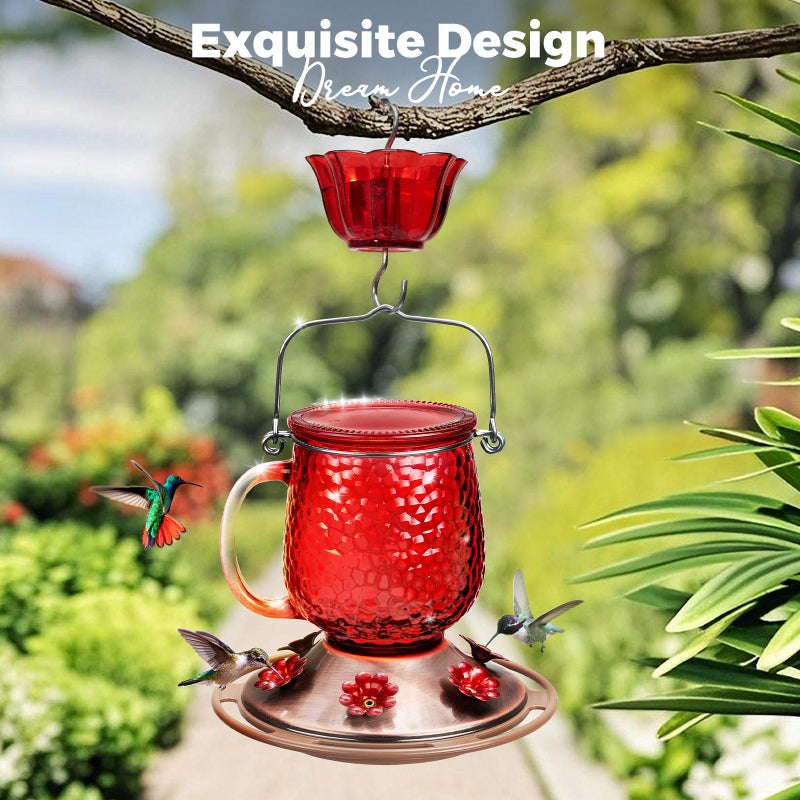 Kingsyard Glass Hummingbird Feeders for Outdoors, 16 Oz Wild Bird Feeder 6 Feeding Ports & Ant Moat Included, Hanging Bird Nectar Feeder Garden Red DÃ©cor Gifts for Mom, Red - Image 3