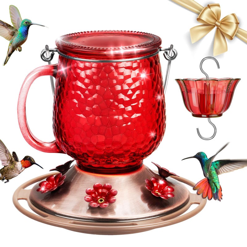 Kingsyard Glass Hummingbird Feeders for Outdoors, 16 Oz Wild Bird Feeder 6 Feeding Ports & Ant Moat Included, Hanging Bird Nectar Feeder Garden Red DÃ©cor Gifts for Mom, Red - Image 1