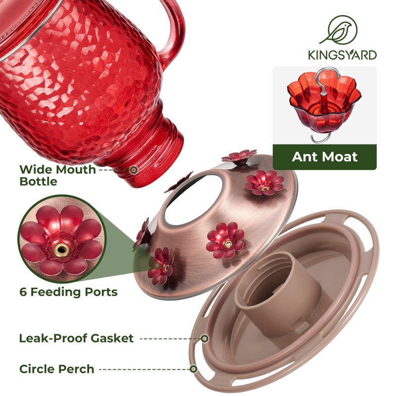 Kingsyard Glass Hummingbird Feeders for Outdoors, 16 Oz Wild Bird Feeder 6 Feeding Ports & Ant Moat Included, Hanging Bird Nectar Feeder Garden Red DÃ©cor Gifts for Mom, Red - Image 4