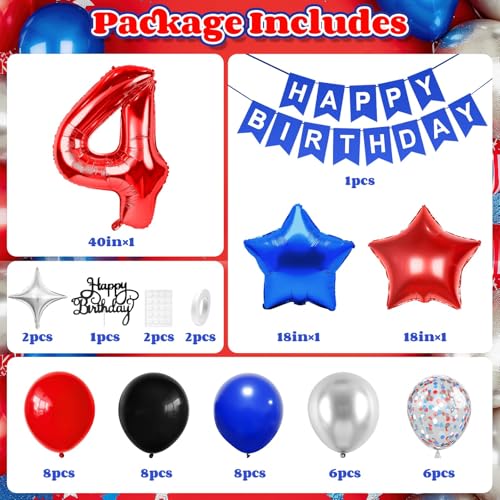 Vibzox 4th Birthday Decorations Red Black BlueMetallic Silver Blue Red 4th Party Balloons Star Foil Balloons Banner Cake Topper Kids Theme Birthday Party Decor for 4 Year Old Boys Kids - Image 5