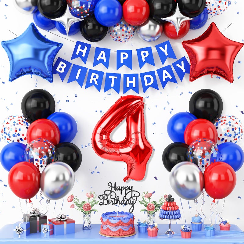 Vibzox 4th Birthday Decorations Red Black BlueMetallic Silver Blue Red 4th Party Balloons Star Foil Balloons Banner Cake Topper Kids Theme Birthday Party Decor for 4 Year Old Boys Kids - Image 3