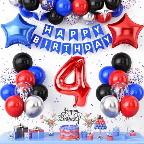 Vibzox 4th Birthday Decorations Red Black BlueMetallic Silver Blue Red 4th Party Balloons Star Foil Balloons Banner Cake Topper Kids Theme Birthday Party Decor for 4 Year Old Boys Kids - Image 1