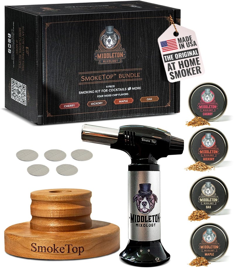 Middleton Mixology SmokeTop SmokeTop Cocktail Smoker Kit and Torch with Cherry, Hickory, Maple, and Oak Wood Chips - Cocktail Smoker Kit & Chips for Old Fashioned Cocktails, Whiskey, & Bourbon - NO Butane Included - Image 1