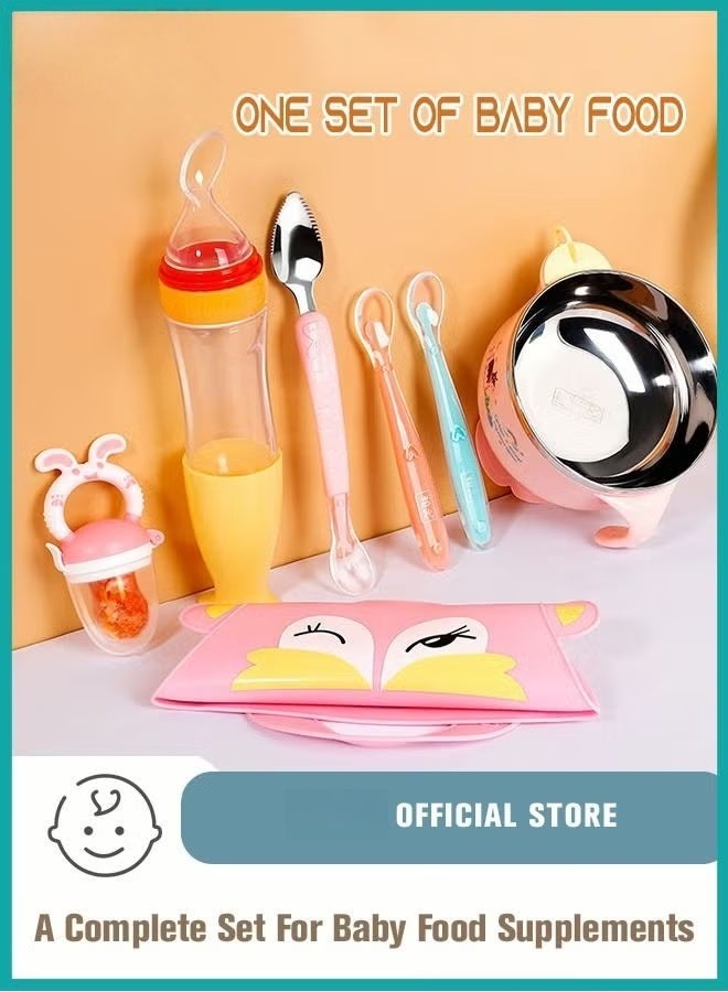 HOOKOR 7 Piece Baby Feeder Set - Toddler Bowl with Suction + Adjustable Bib + Squeeze Spoon + 2 Silicone + 1 Grinding Spoons + Fruit Feeder Baby Self Feeding Supplies Eating Utensils - Image 1