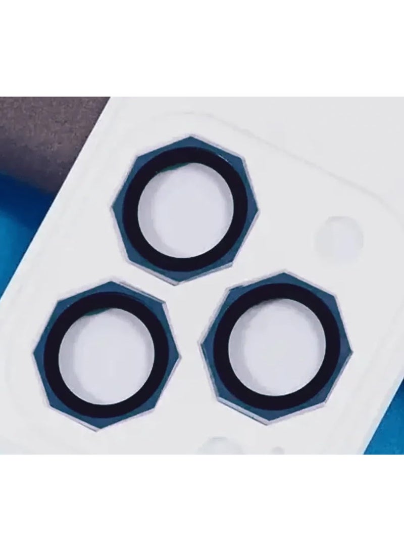 واقي عدسة سداسي الشكل لهاتف iPhone 12 Pro/12 Pro Max 9H غطاء كاميرا زجاجي مقوى مع حلقة معدنية، مقاوم للخدش، حماية مزخرفة لعدسة الكاميرا - عبوة من 3 قطع (أزرق)