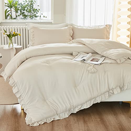 Litanika Queen Comforter Set Beige, 3 Pieces Ruffle Lightweight Bedding Comforter Set, Fluffy Bed Set (90x90In Comforter, 2 Pillowcases) - Image 1