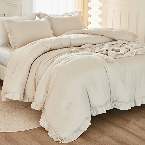 Litanika Queen Comforter Set Beige, 3 Pieces Ruffle Lightweight Bedding Comforter Set, Fluffy Bed Set (90x90In Comforter, 2 Pillowcases) - Image 2