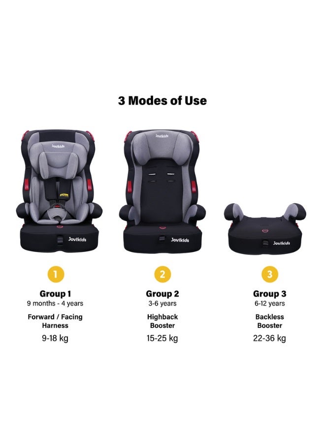 Jovikids Tammy Convertible Highback Booster Seat Group 1/2/3 9M–12Y 9–36 Kg 3-Point Seat Belt Adjustable Headrest And Width Ece R44 Comfortable And Travel-Friendly Removable And Washable Cover Grey - Image 2