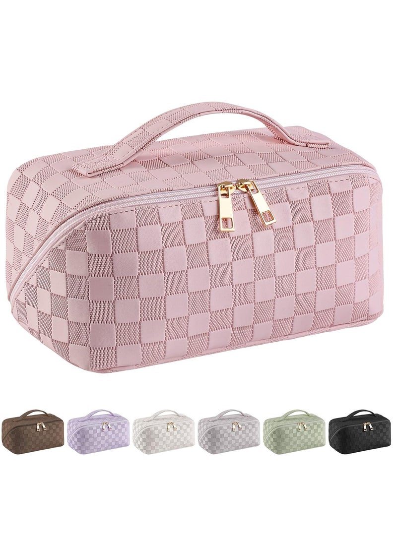 SYOSI Large Capacity Travel Cosmetic Bag  Makeup Bag PU Leather Waterproof Cosmetic Bag Women Portable Travel Makeup Bag With Handle and Divider Flat Lay Makeup Organizer Bag Z1-Pink - Image 1