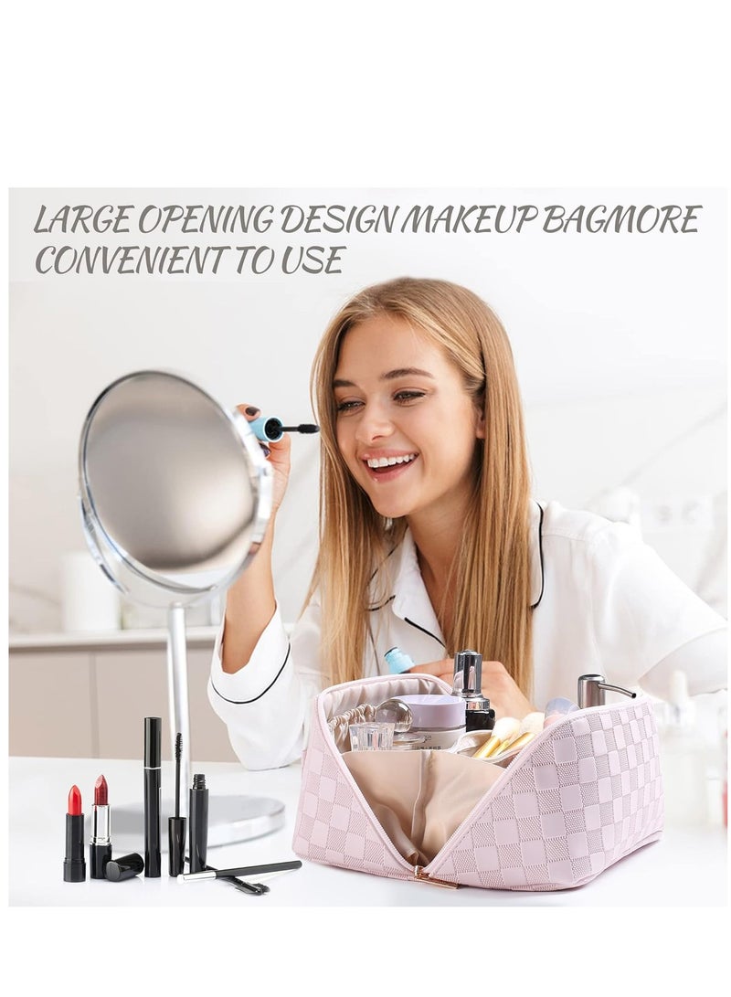 SYOSI Large Capacity Travel Cosmetic Bag  Makeup Bag PU Leather Waterproof Cosmetic Bag Women Portable Travel Makeup Bag With Handle and Divider Flat Lay Makeup Organizer Bag Z1-Pink - Image 2