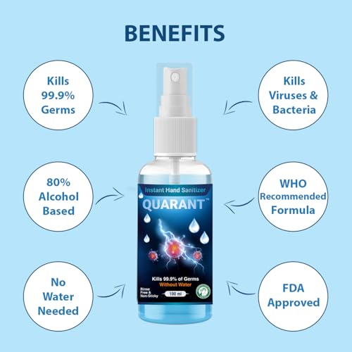 QUARANT 80% Alcohol Based Instant Hand Sanitizer Spray, Small Pocket Size Liquid Spray Bottle, Kills 99.9% Germs, WHO Recommended Formula & FDA Approved, 100 ML (Pack of 5) - Image 2