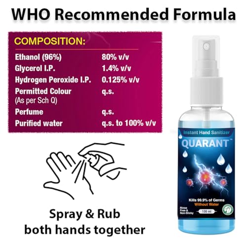 QUARANT 80% Alcohol Based Instant Hand Sanitizer Spray, Small Pocket Size Liquid Spray Bottle, Kills 99.9% Germs, WHO Recommended Formula & FDA Approved, 100 ML (Pack of 5) - Image 4