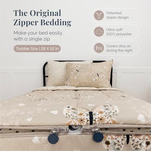 Beddy's Beddys Butterfly Themed Durable Zipper Bedding for Kids Bed in a Bag Beige Sheets Comforter with Butterflies Hearts Floral Design Includes Pillowcase Sham Easy to Make Wash Toddler - Image 3