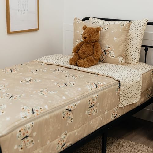 Beddy's Beddys Butterfly Themed Durable Zipper Bedding for Kids Bed in a Bag Beige Sheets Comforter with Butterflies Hearts Floral Design Includes Pillowcase Sham Easy to Make Wash Toddler - Image 1