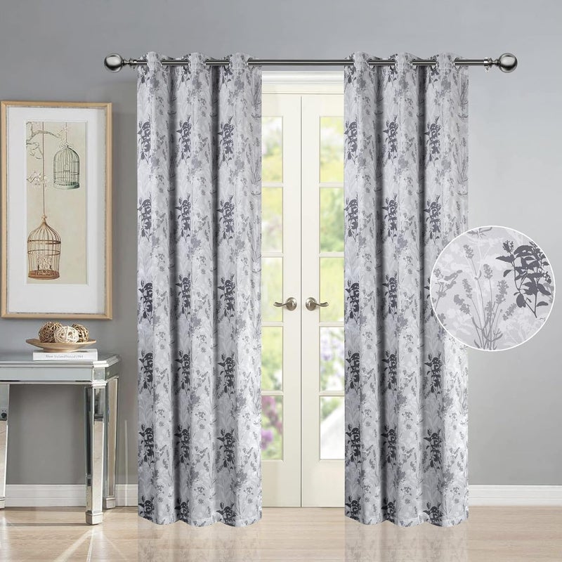 Deco Window Polyester Semi Blackout Floral Opaque Curtains 7 Feet Long Set Of 2Room DarkeningEyeletGray35X7Ft Opaque Curtains With Perfect Pleats Connected Eyelet For Bedroom And Living Room - Image 1