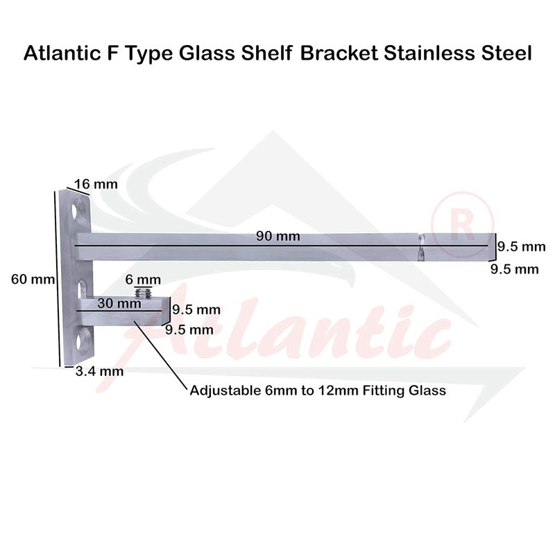 Atlantic F Type Glass Shelf Bracket 4 inch Stainless Steel Silver Matt Finish Adjustable 681012 mm Pack of 12 Piece - Image 3