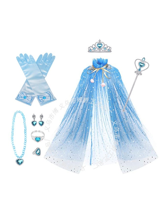 Princess Cape Costume Set, 7 Pcs Princess Cloak Dress Up with Jewelry Tiara Crown Wand Gloves, Tulle Cloak for Girls Birthday, Party, Cosplay