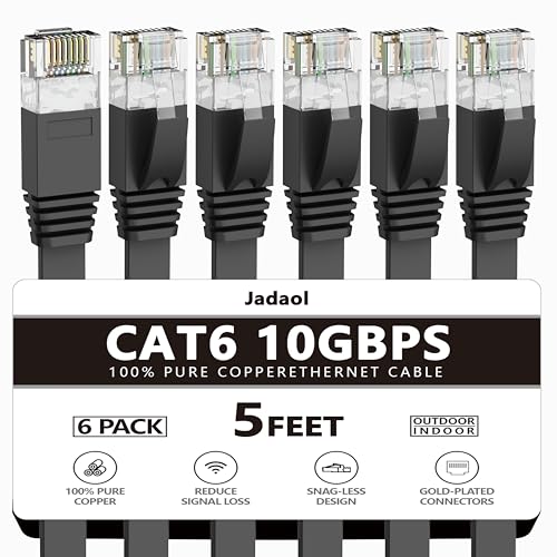 Jadaol Cat 6 Ethernet Cable 5 ft 6Pack, Outdoor&Indoor, Flat High Speed 10Gbps Patch LAN Cord, Support Cat8/7 Network, Short Ethernet Cable for Router, Modem, Switch, PC, Laptop, Gaming Console, Black - Image 1
