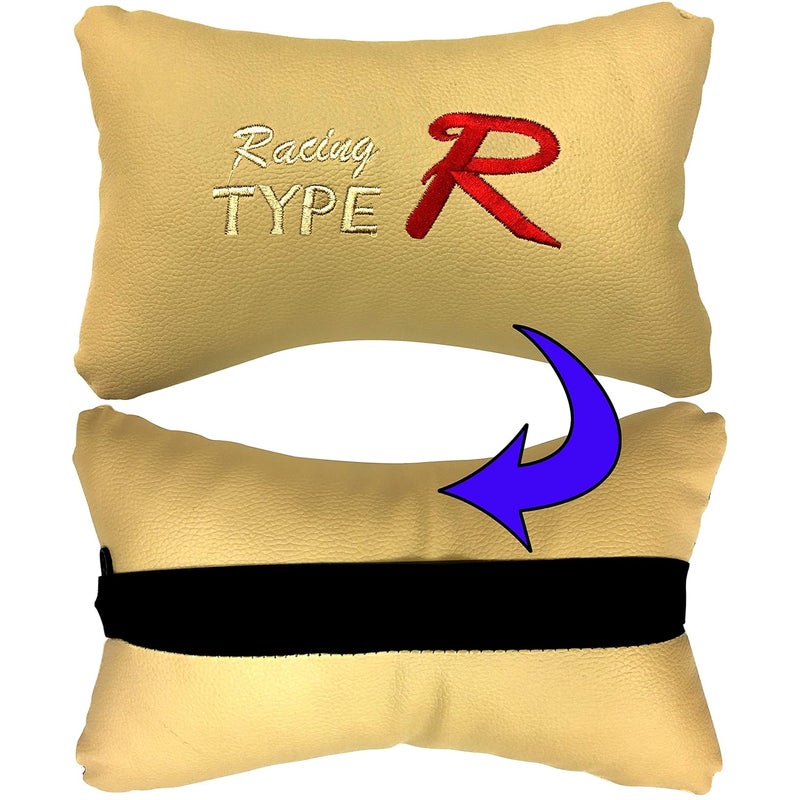 PulGos Beige Universal Neck Rest Pillow Faux Leather Material in Type R Design for All Cars_1080