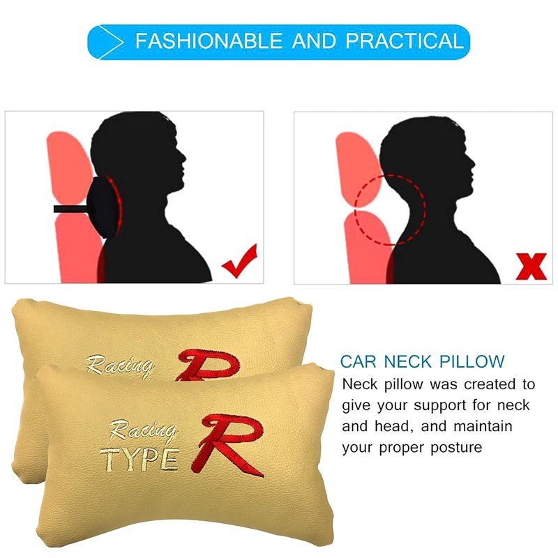 PulGos Beige Universal Neck Rest Pillow Faux Leather Material in Type R Design for All Cars_1080