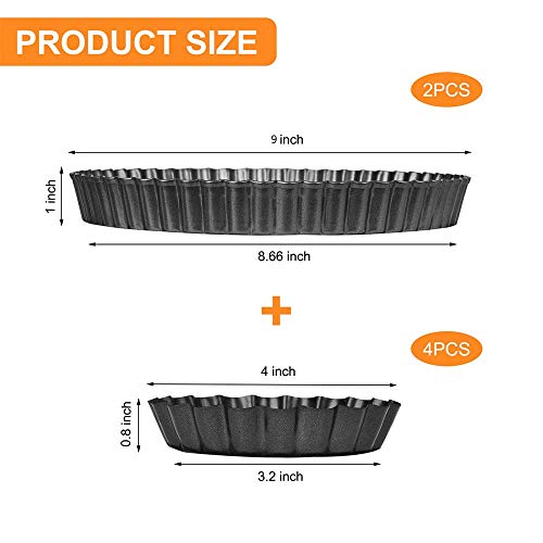 TORASO 9 Inch and 4 Inch Tart Pan with Removable Bottom, 2 PCS 9 Inch Quiche Pan and 4 PCS 4 Inch Pie Pan, Non-Stick Baking Pan (Set of 6) - Image 2