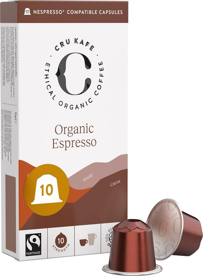Cru Kafe Strong Espresso USDA Organic Espresso Coffee Capsules (10 Pods) Fairtrade Coffee Pods Compatible with Nespresso Original Line and Pixie Machines - Image 1