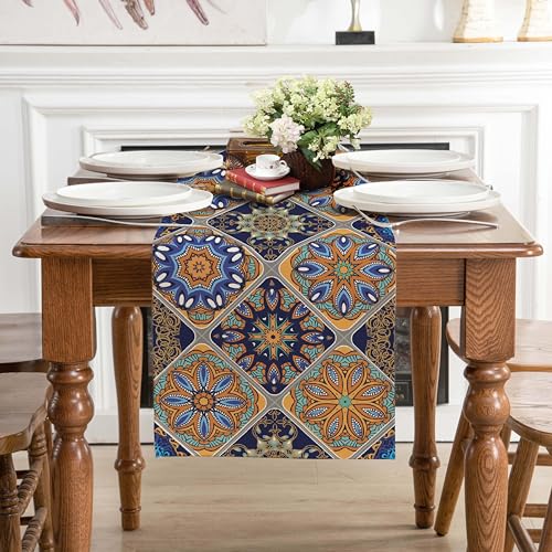Winotic Boho Bohemian Table Runner 90 Inches Long, Vintage Seasonal Blue Table Runners for Party Kitchen Dining Coffee Table Bedroom Dressers Indoor Outdoor, Machine Washable (Bohemian C, 13” x 90”) - Image 3