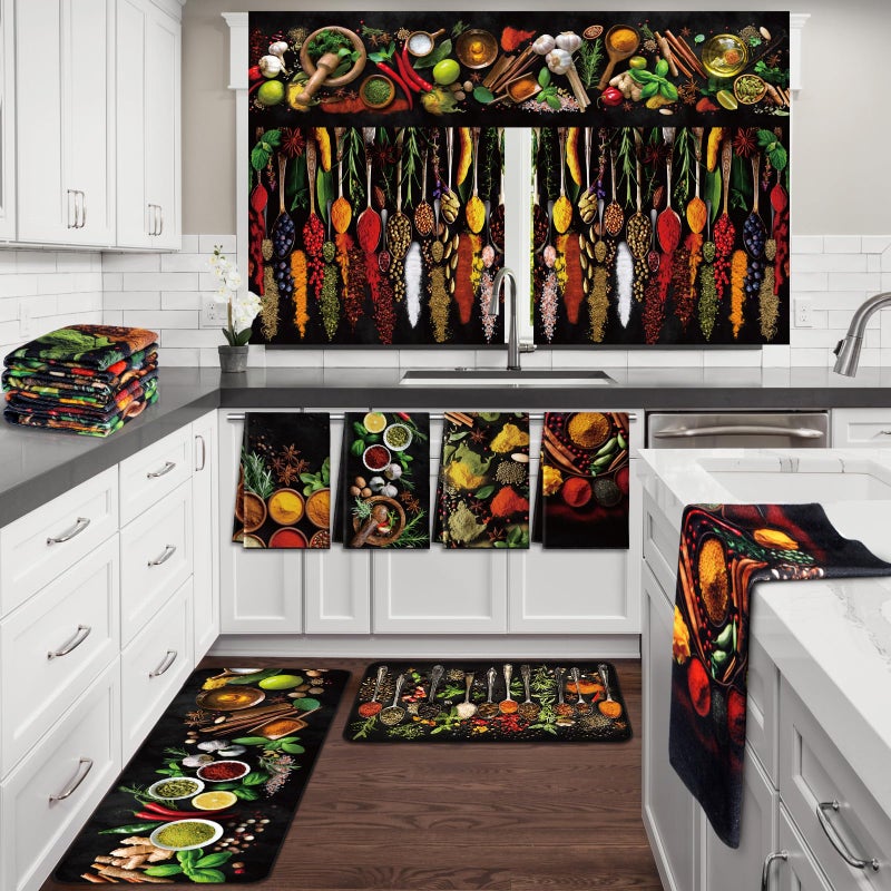 SmoothNovelty 9 Pcs 24 Inch Spices Kitchen Curtains and Valances Set Artistic Spices and Herbs Kitchen Towels and Colorful Non Slip Rugs for Windows Floor Decor - Image 2