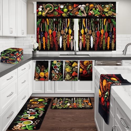 SmoothNovelty 9 Pcs 24 Inch Spices Kitchen Curtains and Valances Set Artistic Spices and Herbs Kitchen Towels and Colorful Non Slip Rugs for Windows Floor Decor - Image 1