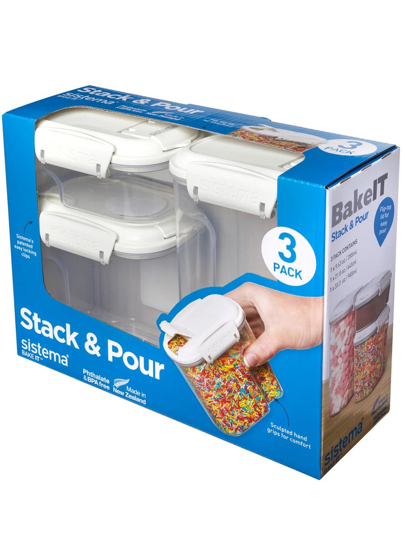 Sistema Bake It Collection 3 Pack Stack & Pour, Plastic, Clear/White - Image 1